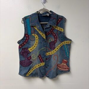 Chicos Beaded Embroidered Denim Vest Art To Wear Size 3